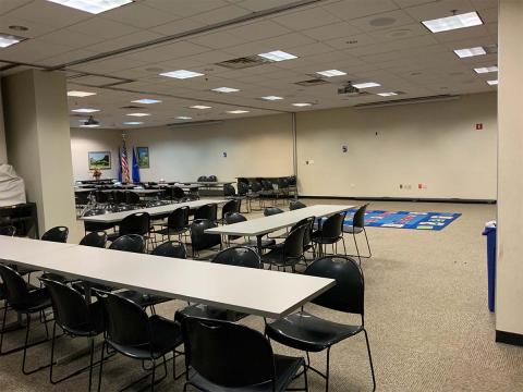 Rear view of Balkansky Room ABC with tables and chairs