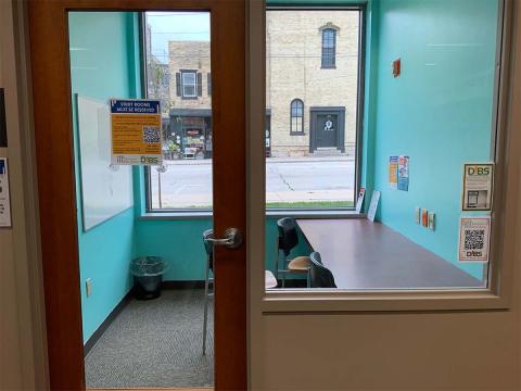 Door, window, and interior of Study Room 1